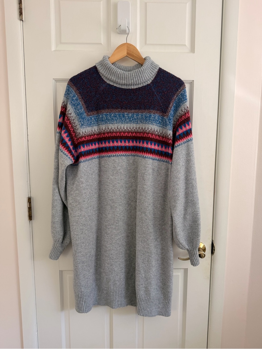 Cozy Grey Sweater Dress with Multicolor Fair Isle Yoke